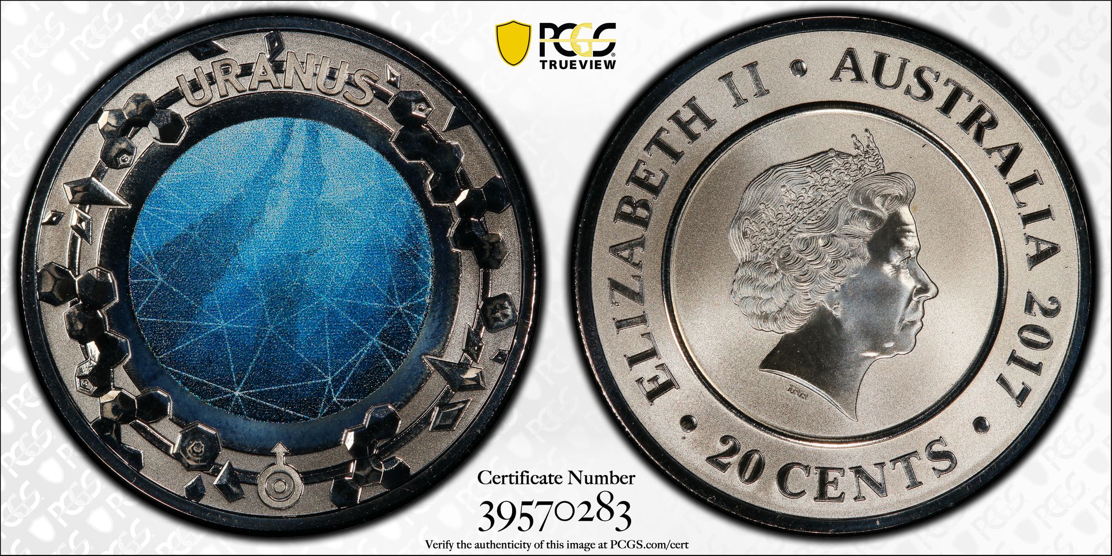 Planetary Coins Uranus Colorized, Twenty Cent, 2017, PCGS MS70