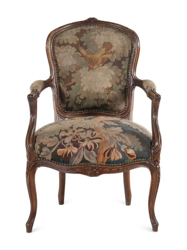 A Louis XV Style Tapestry Upholstered Fruitwood Fauteuil
