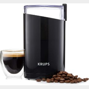 KRUPS COFFEE MILL AND SPICE GRINDER 12 CUP EASY TO USE, ONE TOUCH OPERATION 200 WATTS COFFEE, SPICES, DRY HERBS, NUTS BLACK