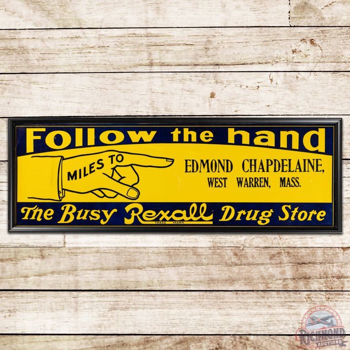Rexall Drug Store "Follow the Hand" SS Tin Sign West Warren Mass