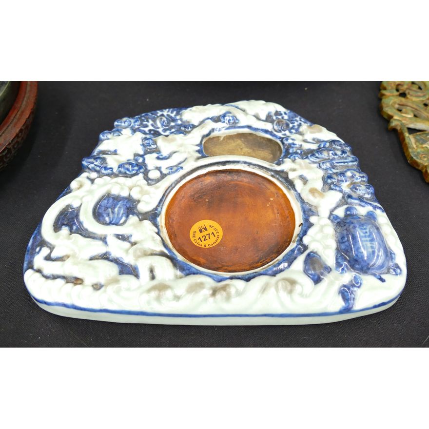Chinese Blue & White Dragon Ink Stone 8''