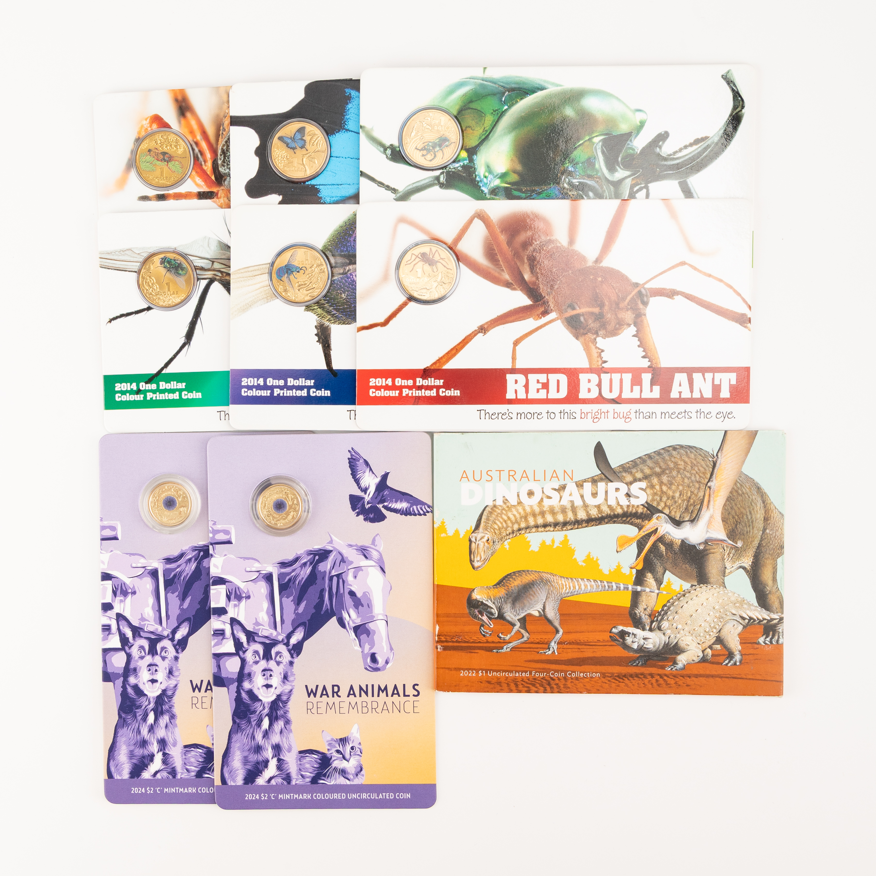 Elizabeth II - Charles III, RAM - Bright Bugs, Dinosaurs Downunder & War Animals, One Dollar - Two Dollars, 2014 - 2024, UNC
