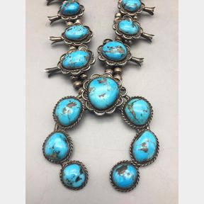 Vintage Sterling Silver and Turquoise Squash Blossom Necklace
