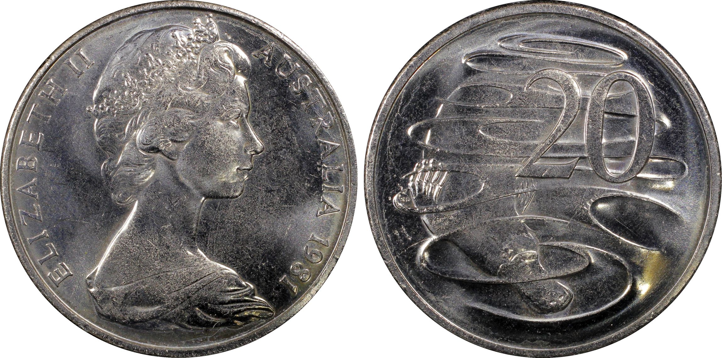 3 1/2 Claw, Scalloped Letters Obv , Twenty Cent, 1981, PCGS MS65