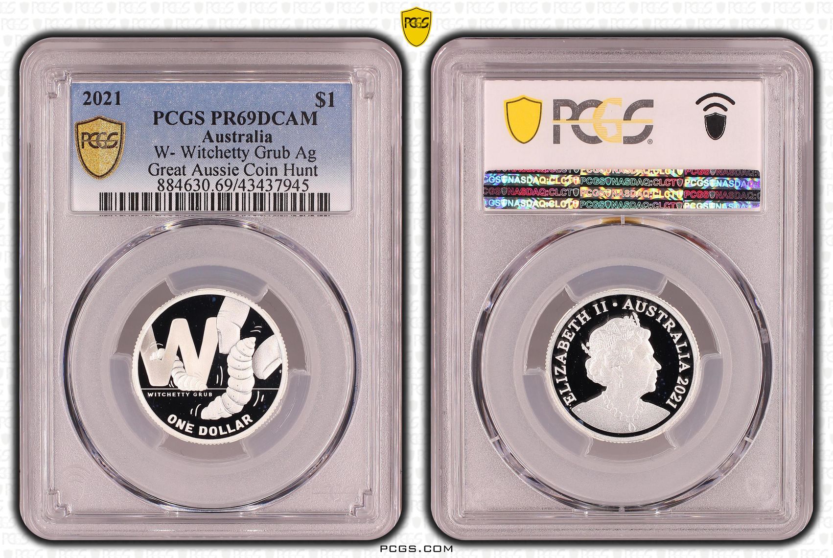Elizabeth II, Silver, W- Witchetty Grub, Great Aussie Coin Hunt, One Dollar, PR69DCAM , 2021 PCGS POP - 3/0