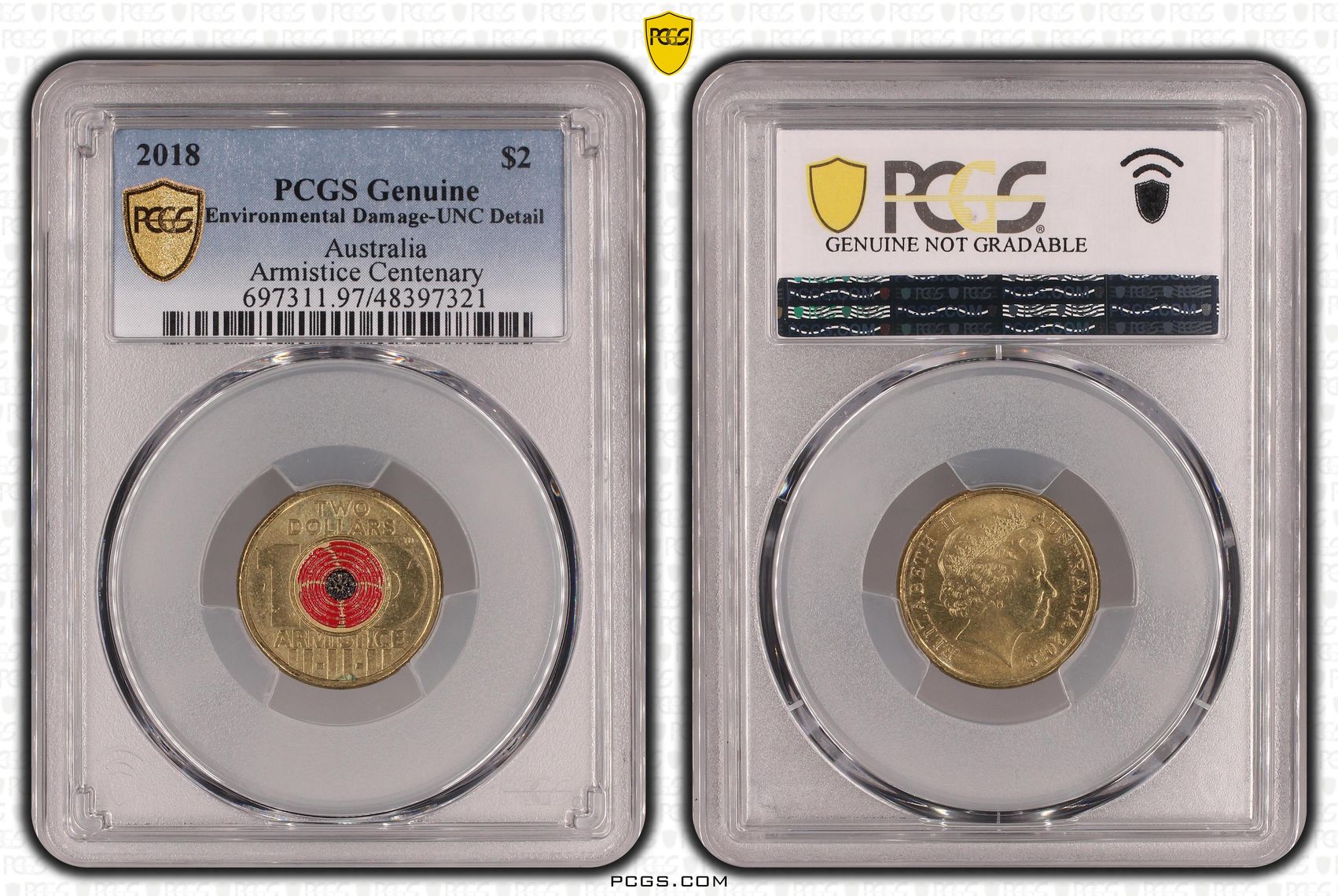 Elizabeth II, Armistice Centenary, Two Dollar, 2018, PCGS Genuine - UNC Details (97 - Environmental Damage)