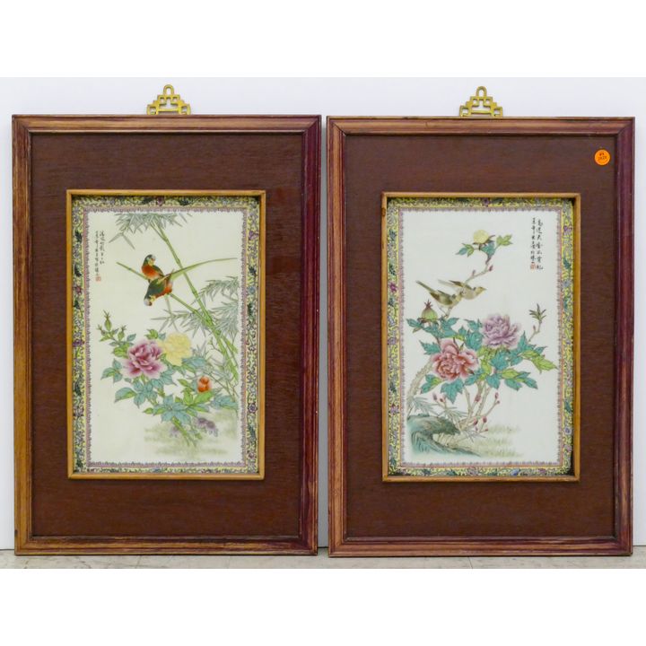 Pair Chinese Republic Porcelain Bird Plaque Framed
