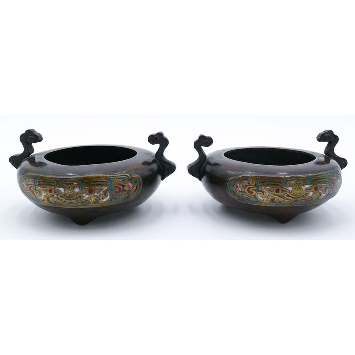 Pair Old Chinese Champleve Bronze Small Censers 3.75''