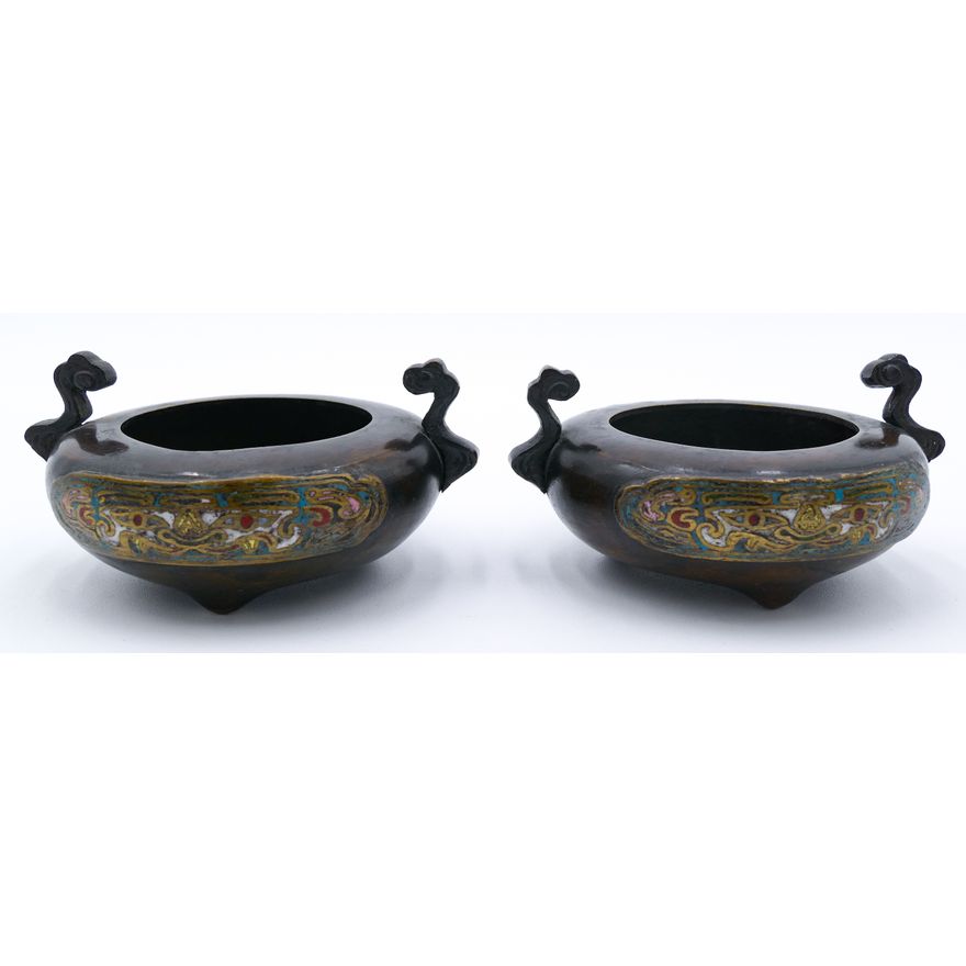 Pair Old Chinese Champleve Bronze Small Censers 3.75''