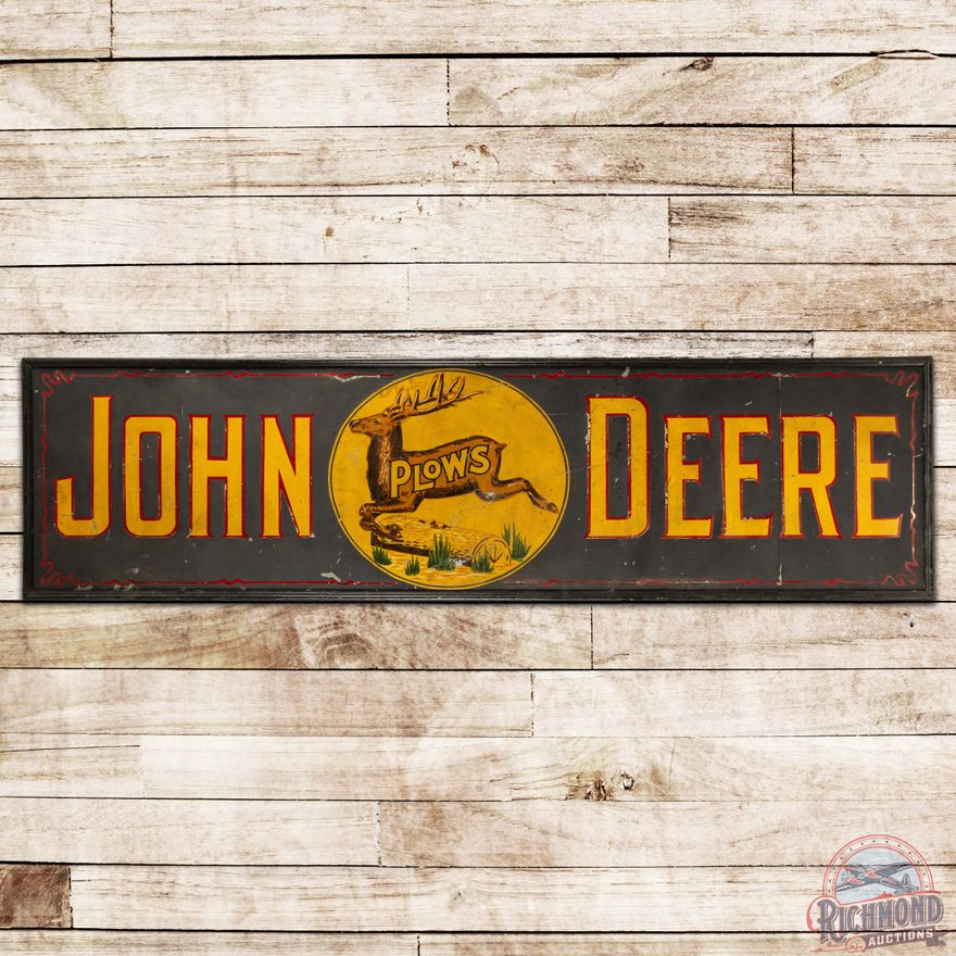 John Deere Plows 12' SS Tin Smaltz Painted Sign w/ 3 Legged Deer