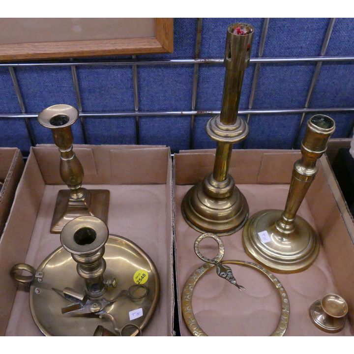 2 Boxes Georgian Brass Candlesticks Etc