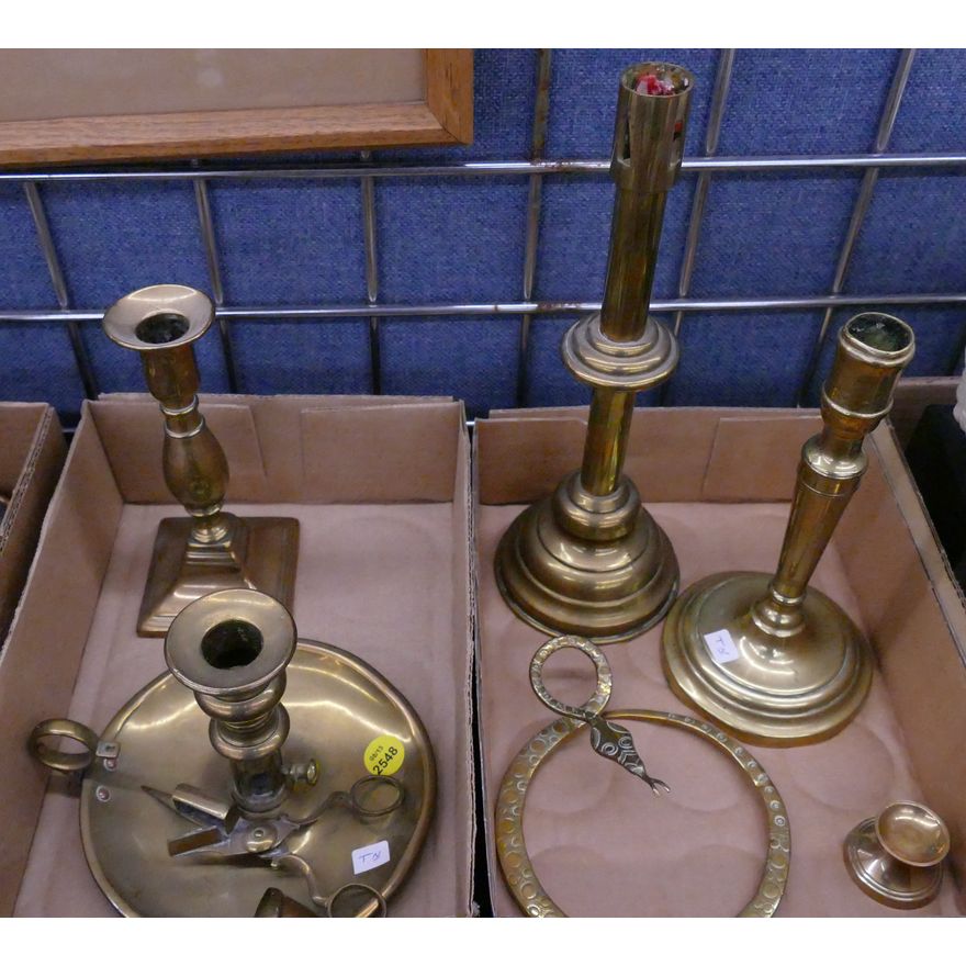 2 Boxes Georgian Brass Candlesticks Etc
