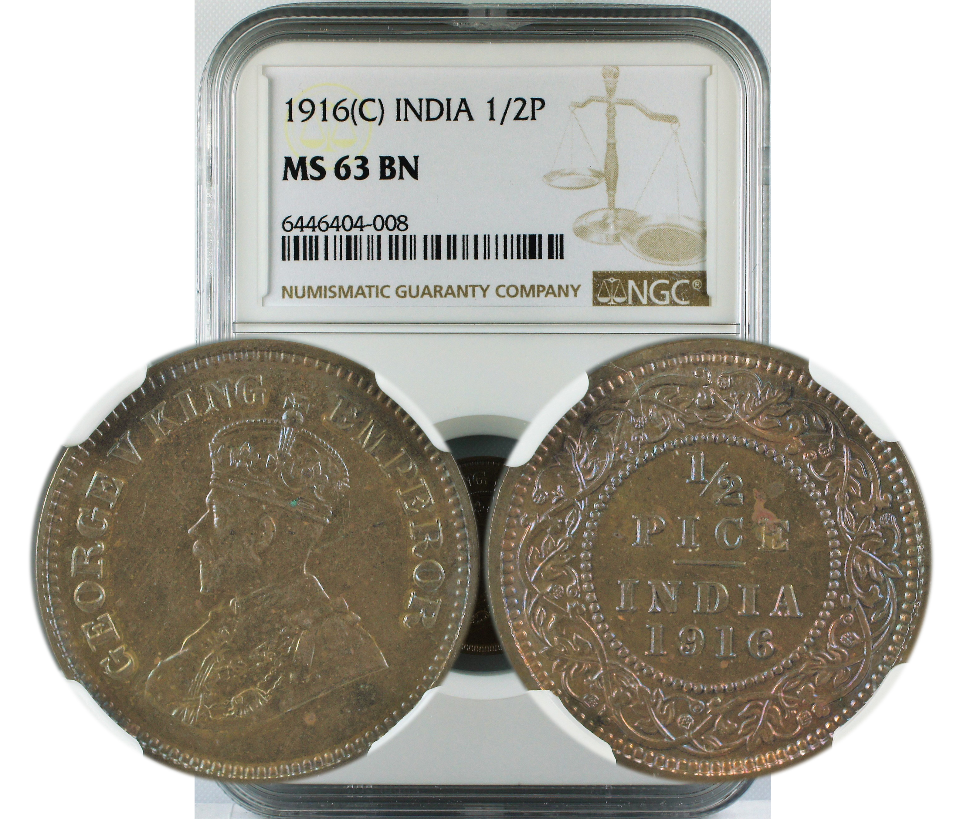 1916 C INDIA 1/2P MS63 BN