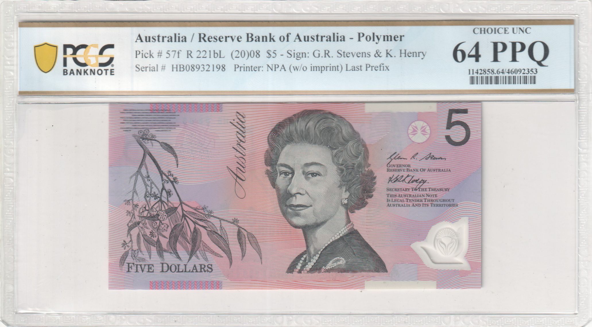 2008 $5 Stevens/Henry Choice Unc 64 PPQ Last Prefix