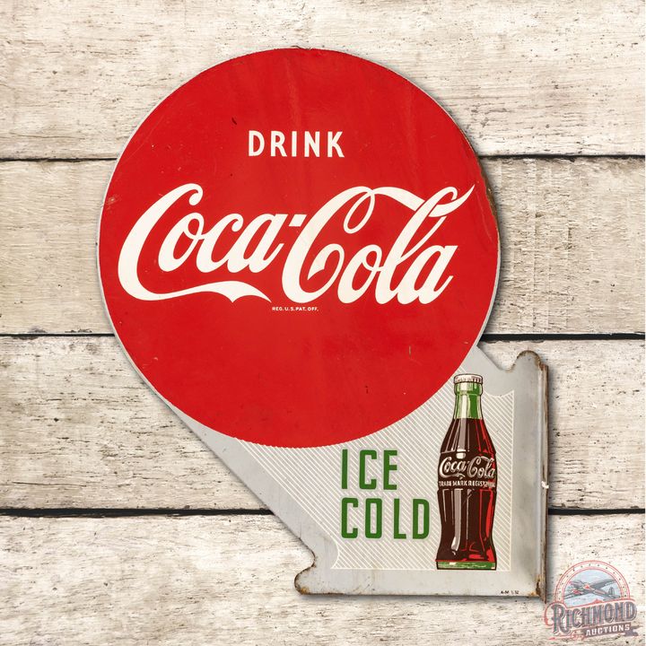 1952 Drink Coca-Cola Ice Cold w/ Bottle Metal Flange Sign TAC 8.5