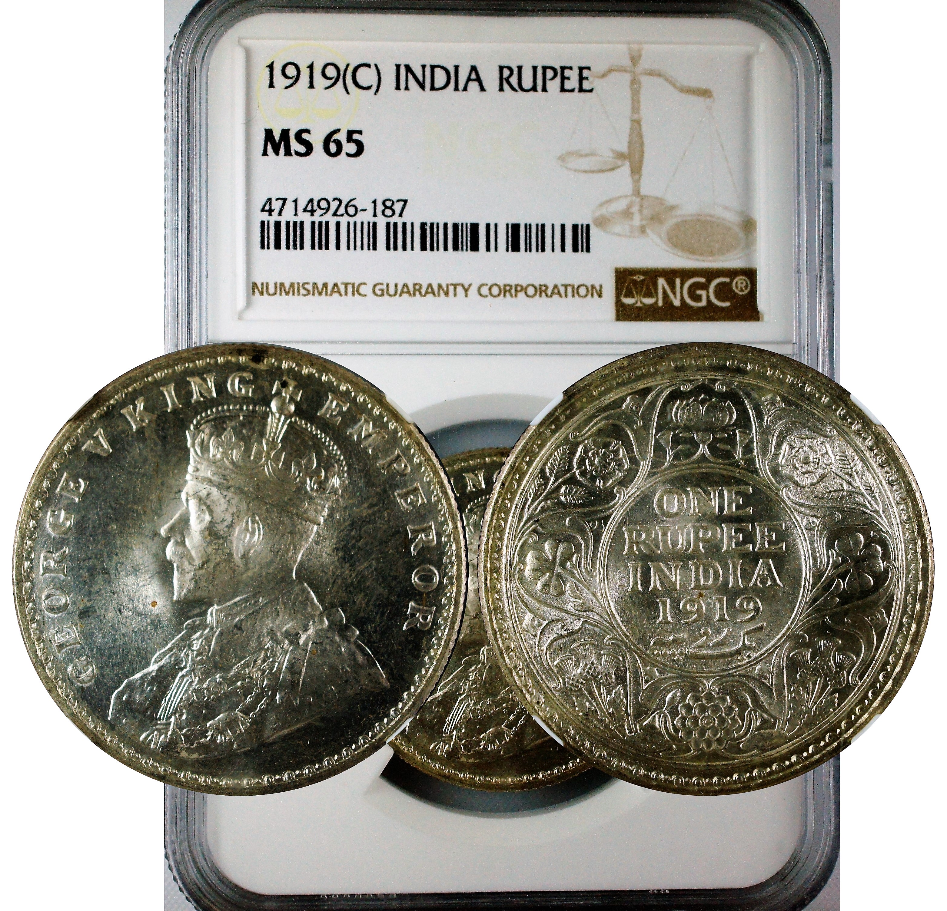 India 1919 C Rupee NGC MS65