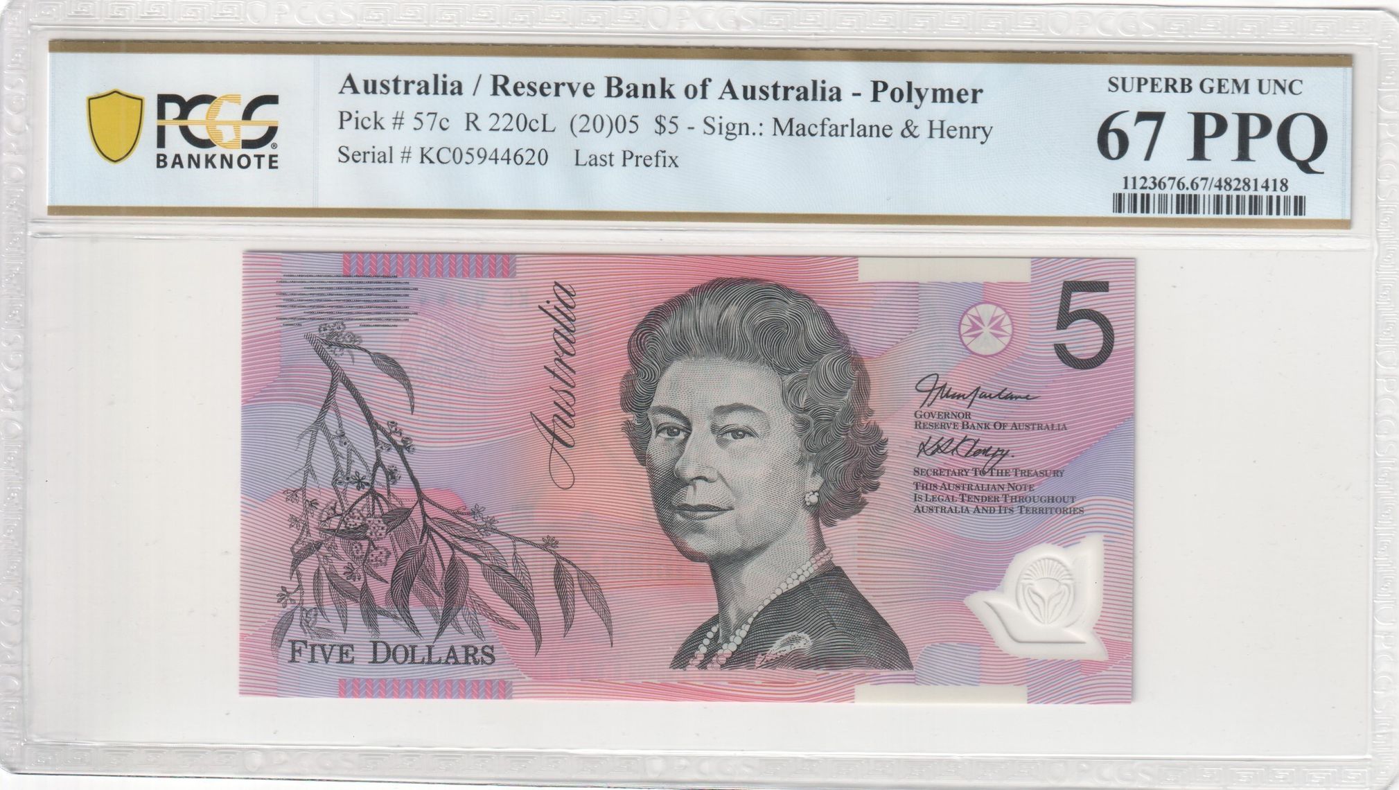 Stevens/Henry, Last Prefix, POP 6/0, Five Dollar, 2008, PCGS Choice UNC 64 PPQ