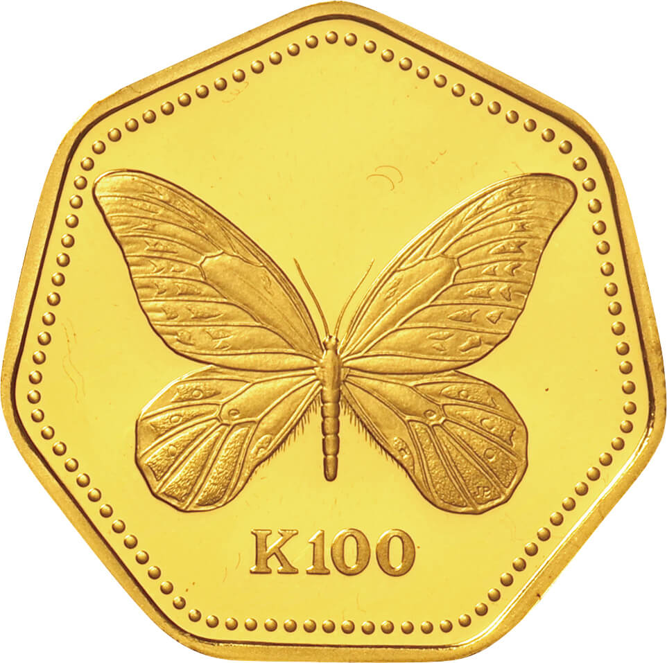 パプアニューギニア-Papua New Guinea. PR. Gold. 100キナ(Kina). 蝶図 100キナ7角形金貨 1990年  KM29. Alexandra Butterfly .. | Taisei Auction