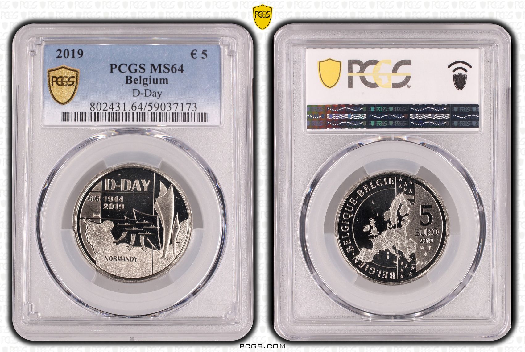 221 · Belgium, D-Day, Five Euro, 2019, PCGS MS64