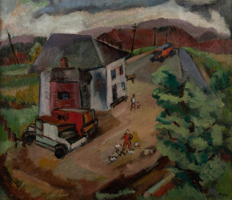John Opper
(American, 1908-1994)
Untitled (Country House with Trucks and Figures)