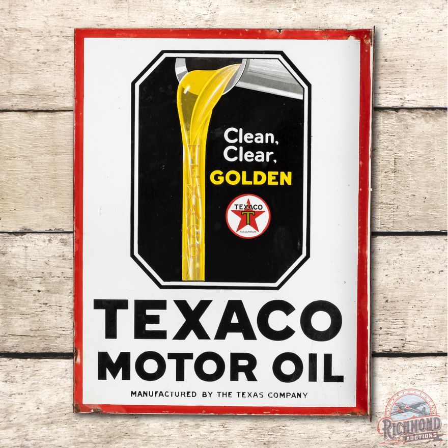 Texaco Clean, Clear, Golden Motor Oil Porcelain Flange Sign TAC 9 & 8.5