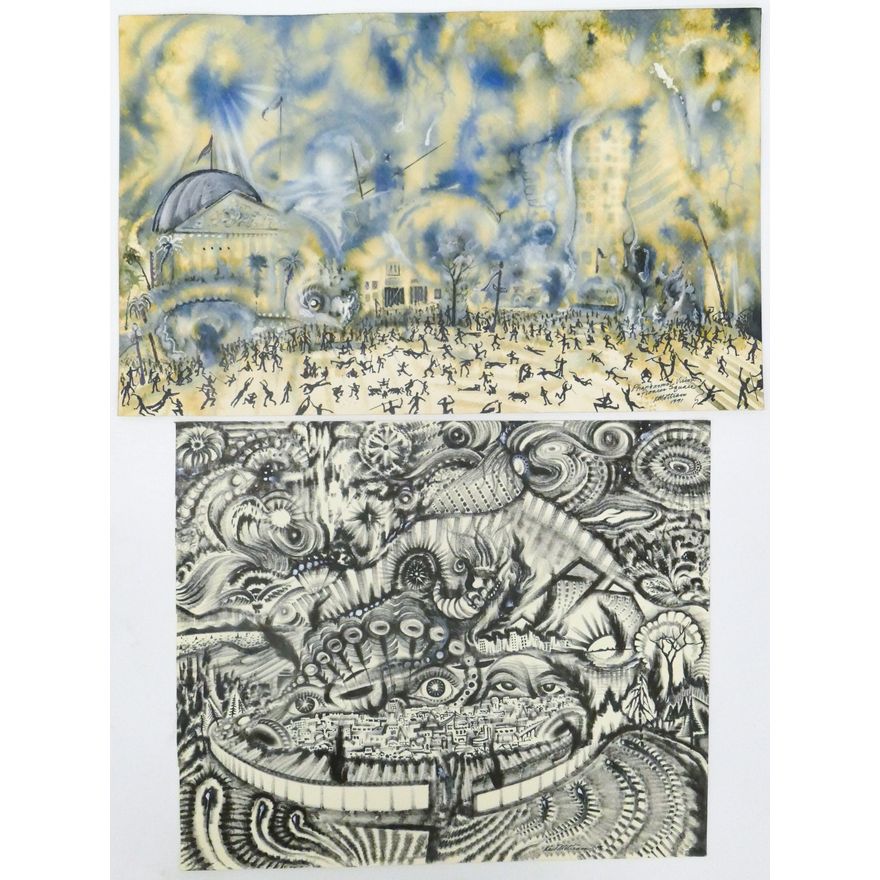 2pc Kurt Mottram Northwest Surrealist Mixed Media 14''x17'' Approx.