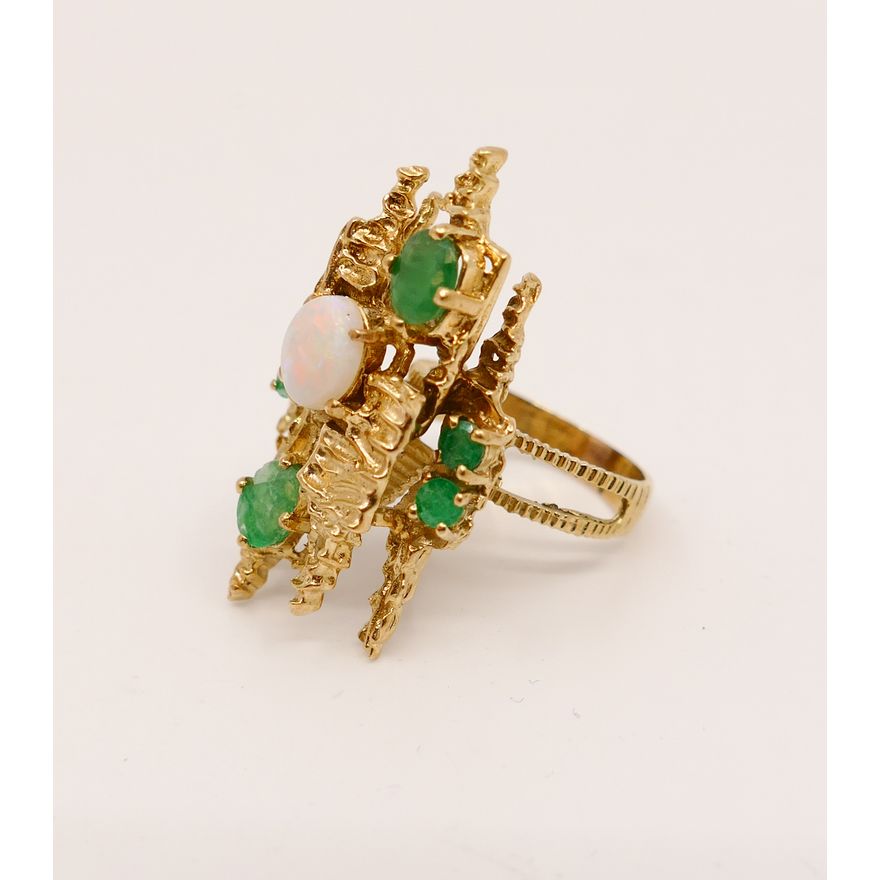 14K, Emerald, and Opal Modernist Cocktail Ring. Size 7.5. 12g TW
