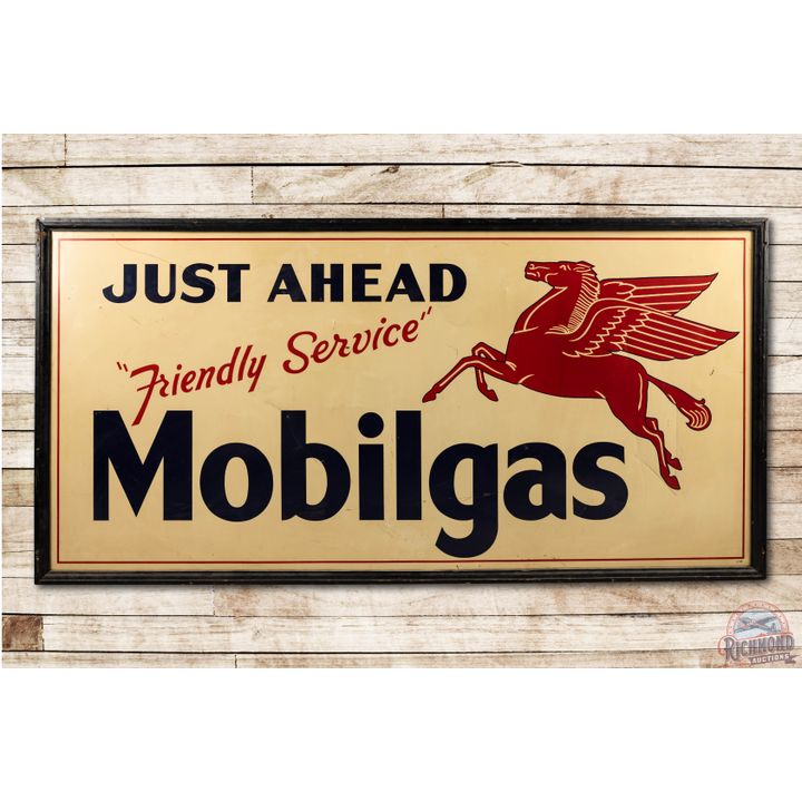 Rare 8' Mobilgas Just Ahead Friendly Service Tin Sign & Original Wood Frame