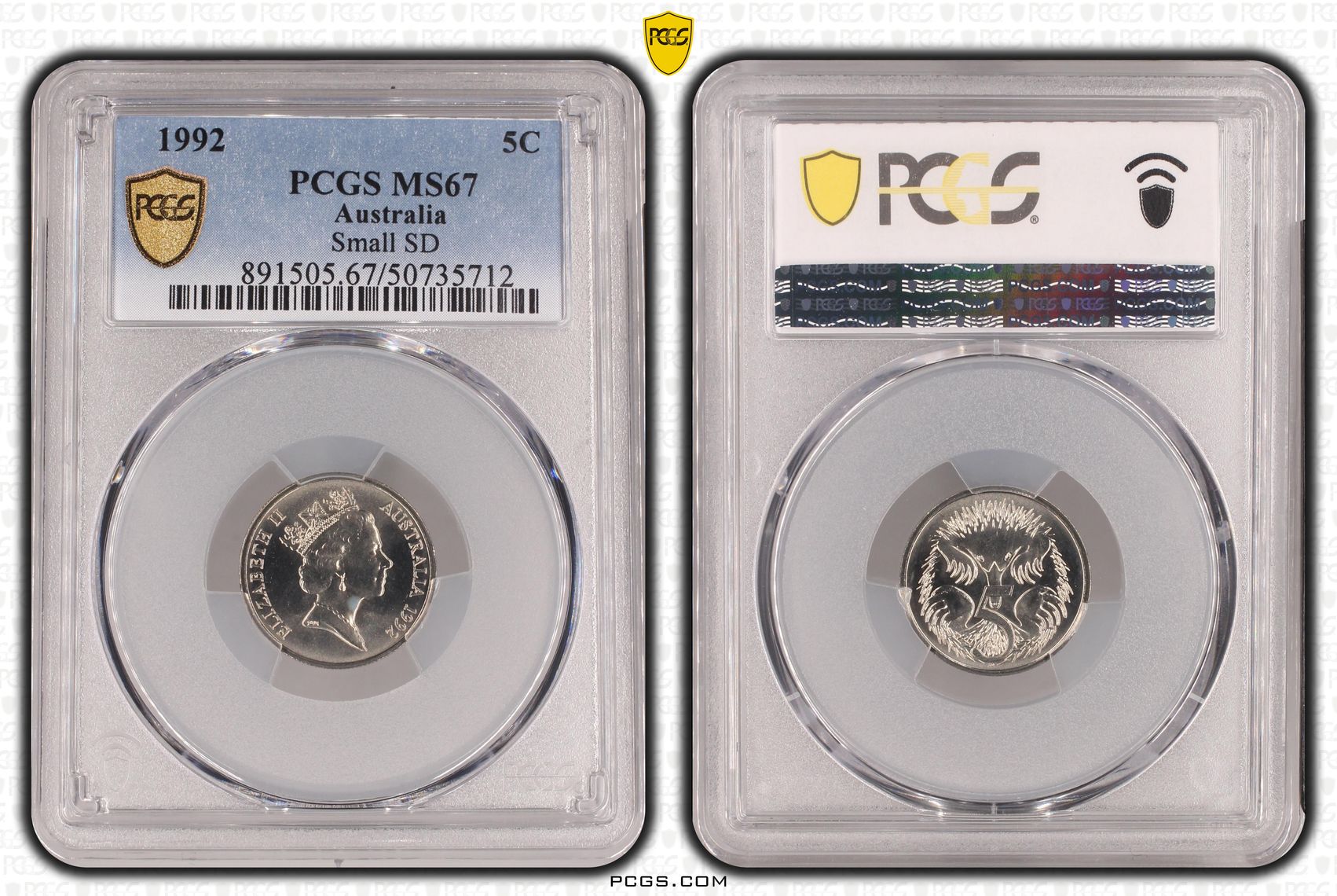 Small SD , Five Cent, 1992, PCGS MS67
