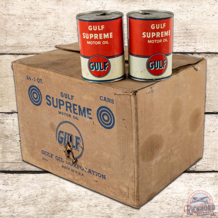 Case of Gulf Supreme Motor Oil Metal Cans w/ Original Box