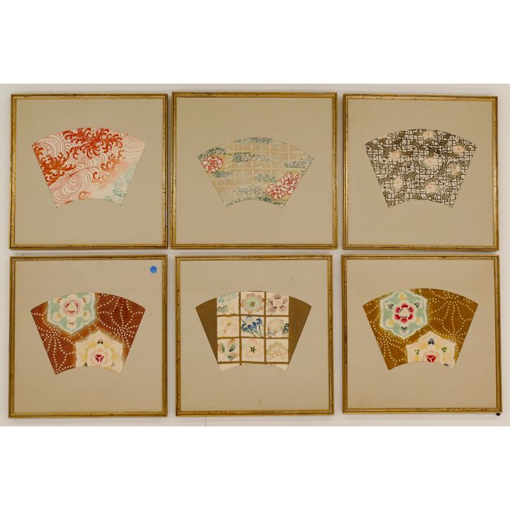 Set 6 Japanese Fan Shaped Fabric Panels Framed 16''x16'' Approx.