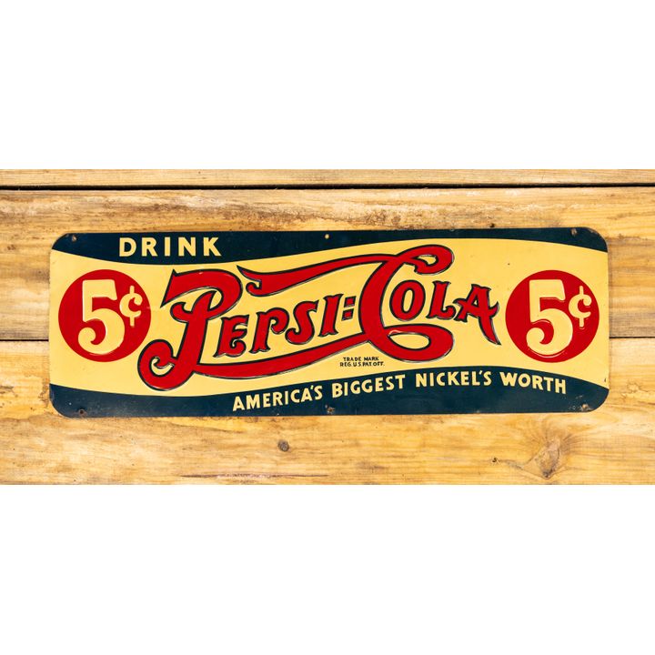 1940 Drink Pepsi:Cola "America's Biggest Nickel's Worth" Single Sided Embossed Tin Sign