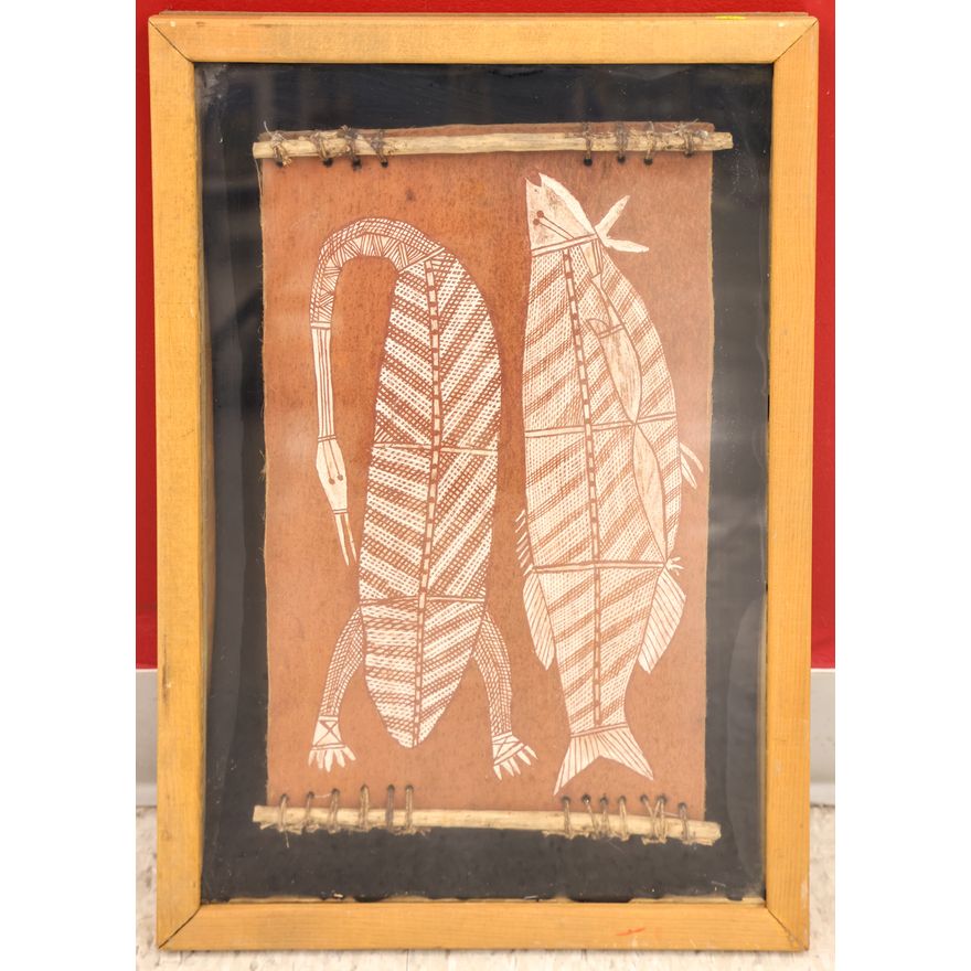 Vintage Aboriginal Bird & Fish Bark Painting Framed 24''x16.5''