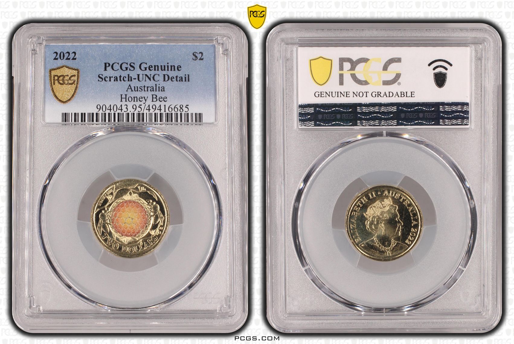 Honey Bee Colorized, Two Dollar, 2022, PCGS Genuine - UNC Details (95 - Scratch)