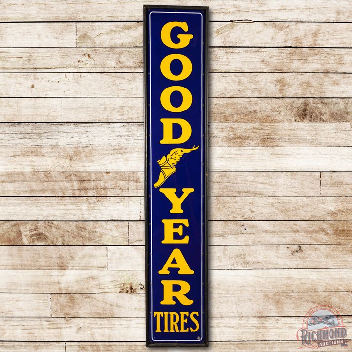 8' Goodyear Tires & Winged Foot Framed Vertical Porcelain Sign TAC 9.5