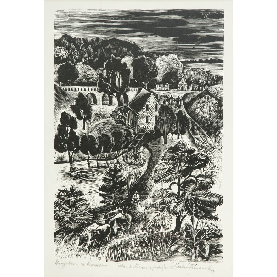 Tadeusz Tuszewski | Pejzaż z krowami, 1954 r.