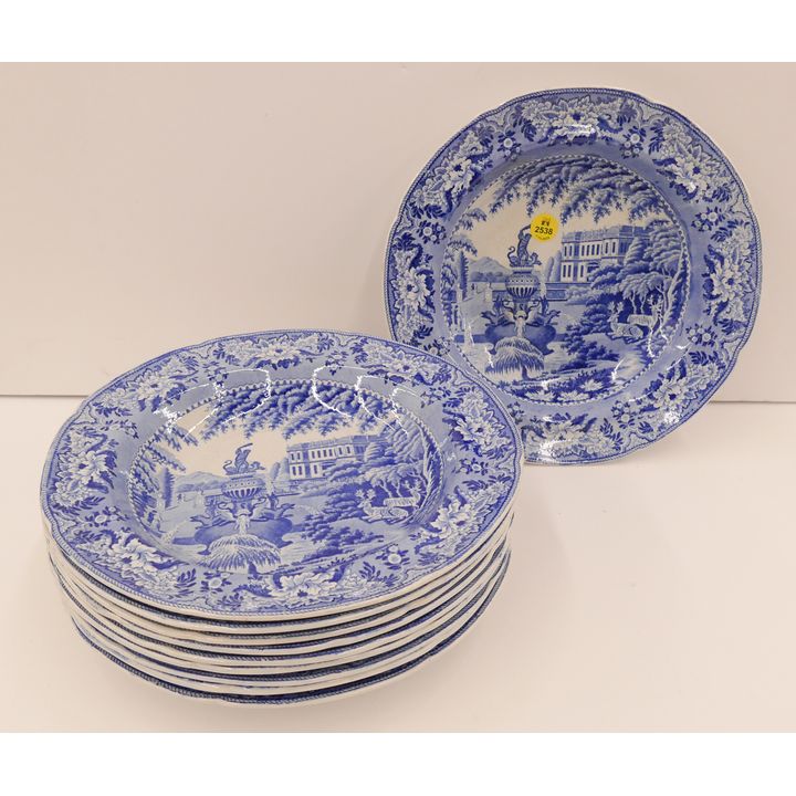 Set 10pc Antique 'The Fountain' Pattern English Transferware Soup Plates- 10''
