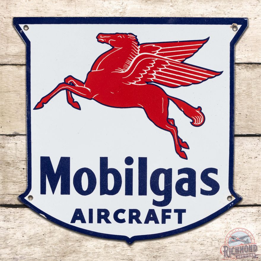 Mobilgas Aircraft Gasoline Die Cut Single Sided Porcelain Pump Plate Sign w/ Pegasus