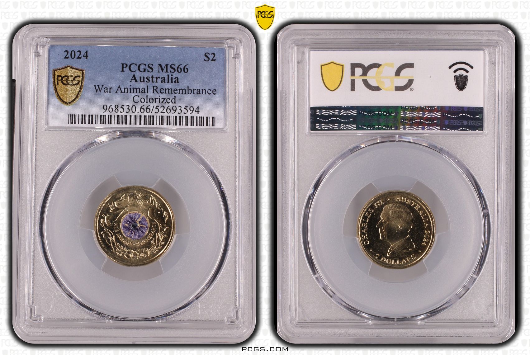 War Animal Remembrance Colourised, Two Dollar, 2024, PCGS MS66