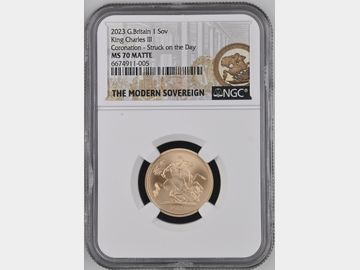 2023 STRUCK ON THE DAY OF THE CORONATION GOLD SOVEREIGN MS70 MATTE