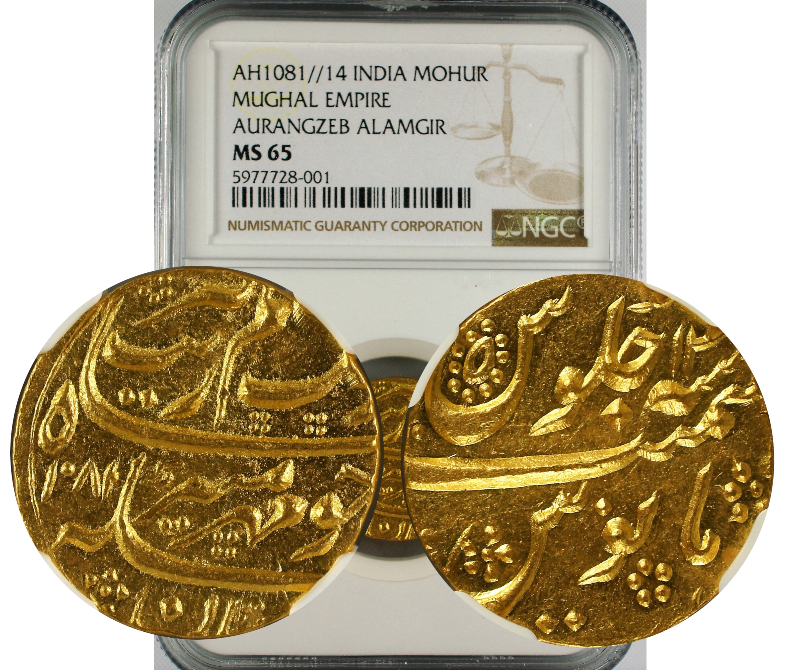 India Mughal Empire AH1081//12 Aurangzeb Alamgir Gold Mohur NGC MS65