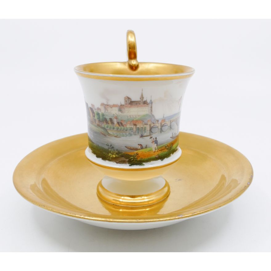 Meissen 'View of Meissen' Handpainted Porcelain Footed Teacup & Saucer