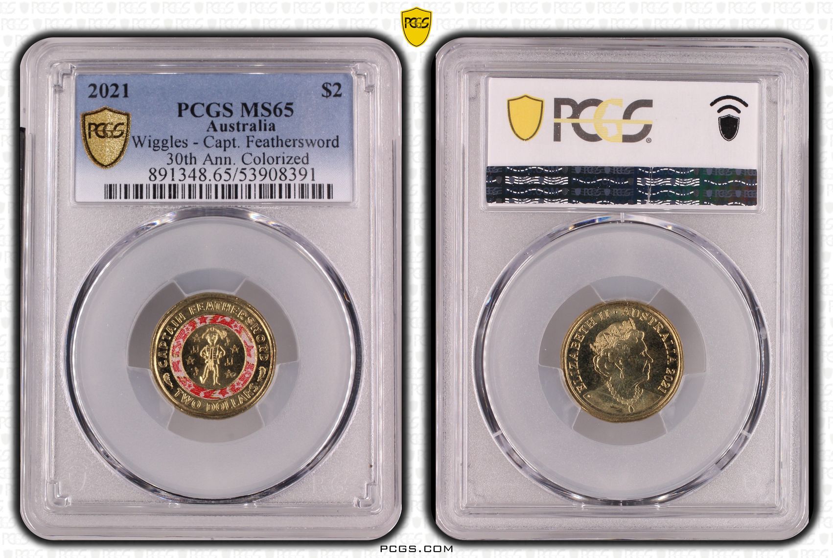 Wiggles - Capt. Feathersword 30th Ann. Colourised, Two Dollar, 2021, PCGS MS65