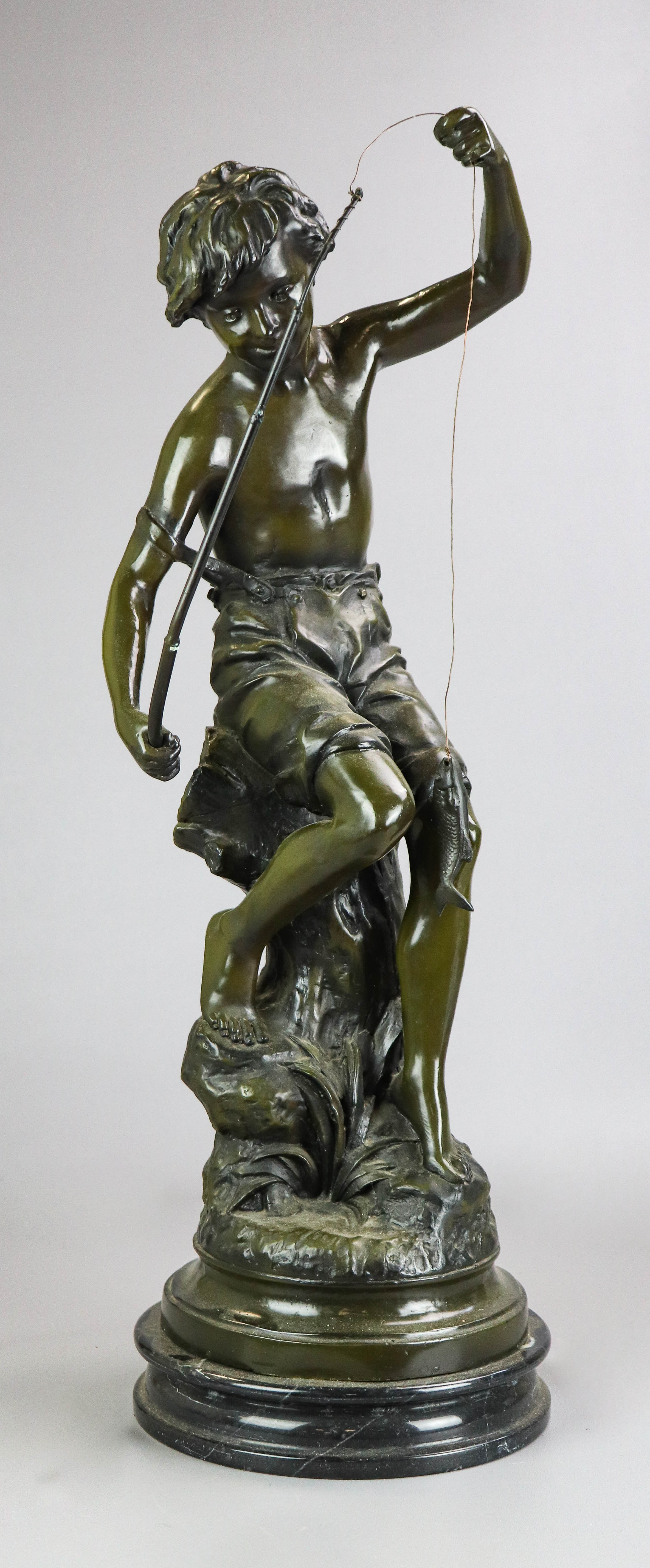 After Sylvain Kinsburger Bronze Boy Fishing Sculpture