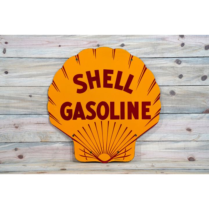 1929 Shell Gasoline Double Sided Porcelain Clam Shaped Sign TAC 9.5 & 9
