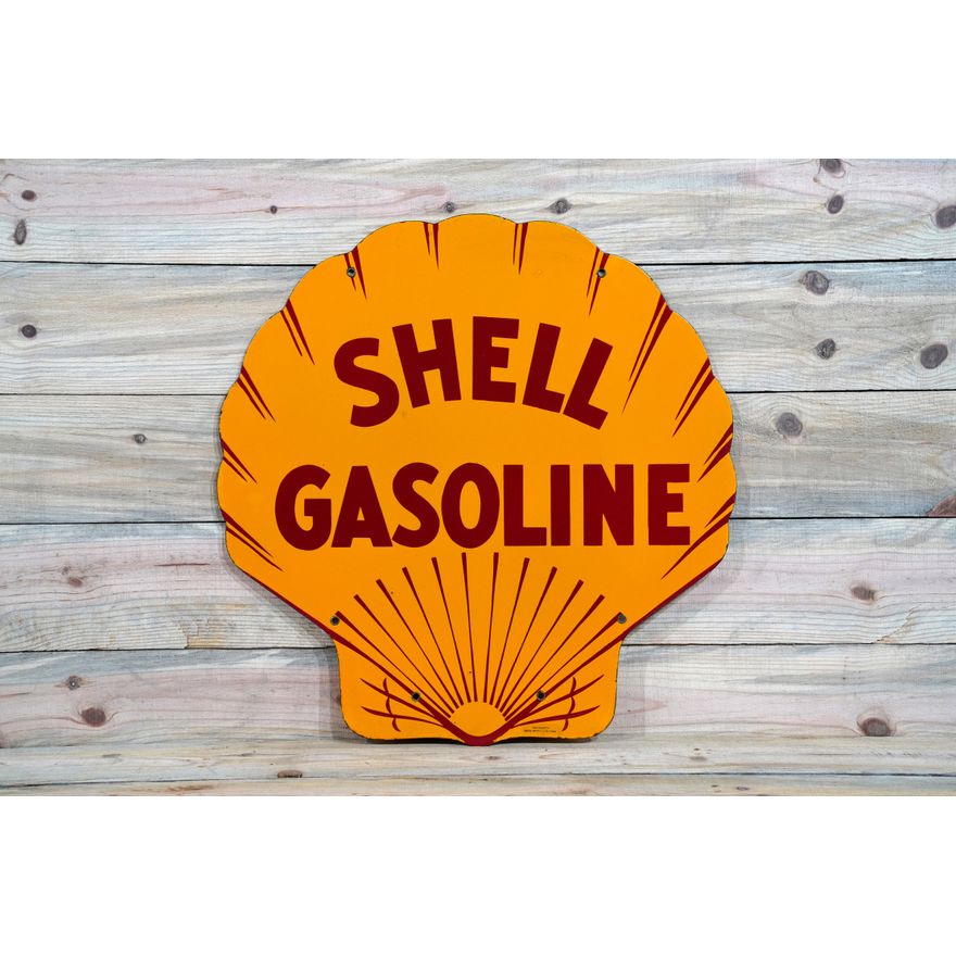1929 Shell Gasoline Double Sided Porcelain Clam Shaped Sign TAC 9.5 & 9