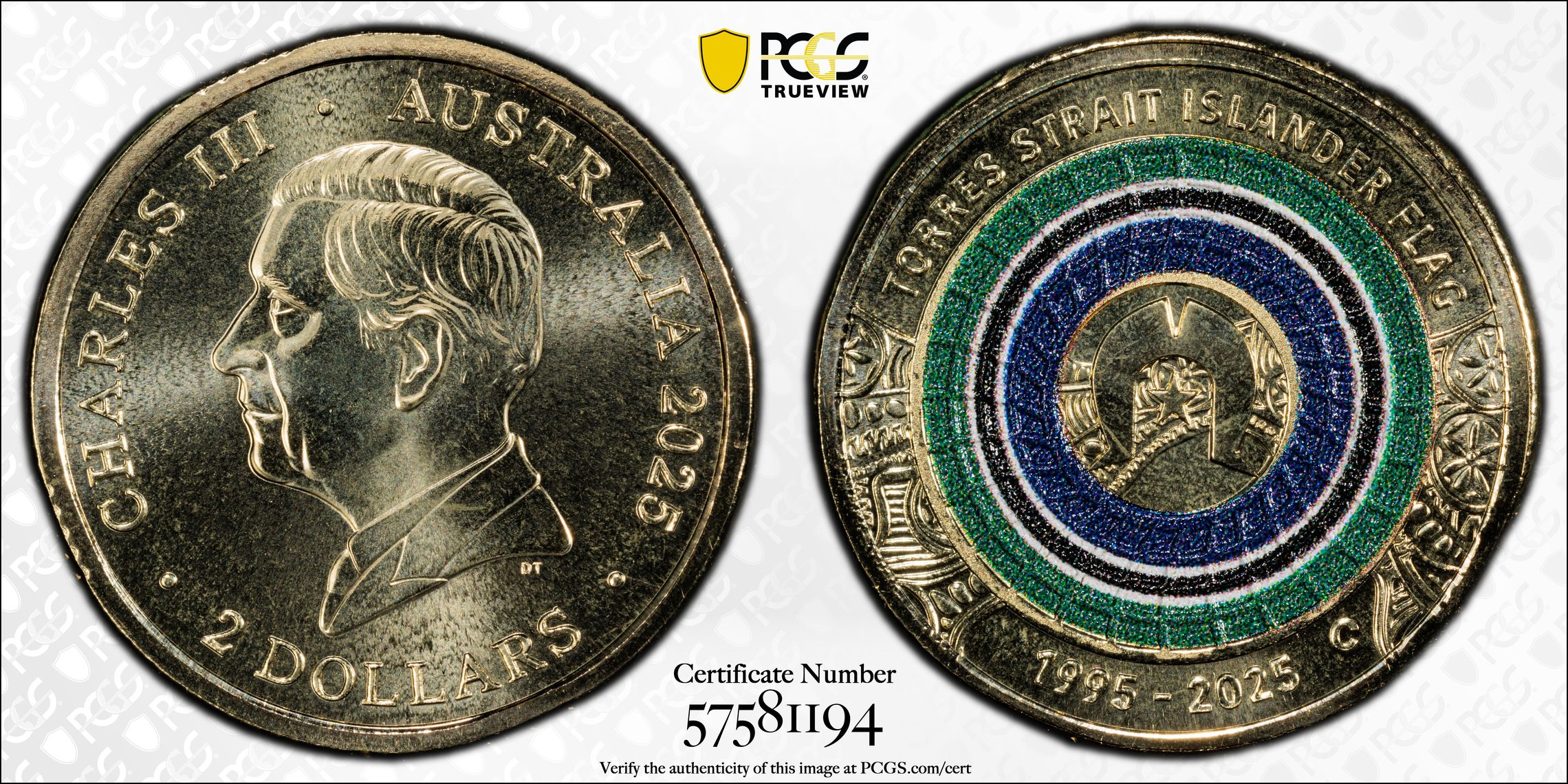 Torres Strait Islander Flag Colourised AlBr, Two Dollar, 2025-C, PCGS MS69