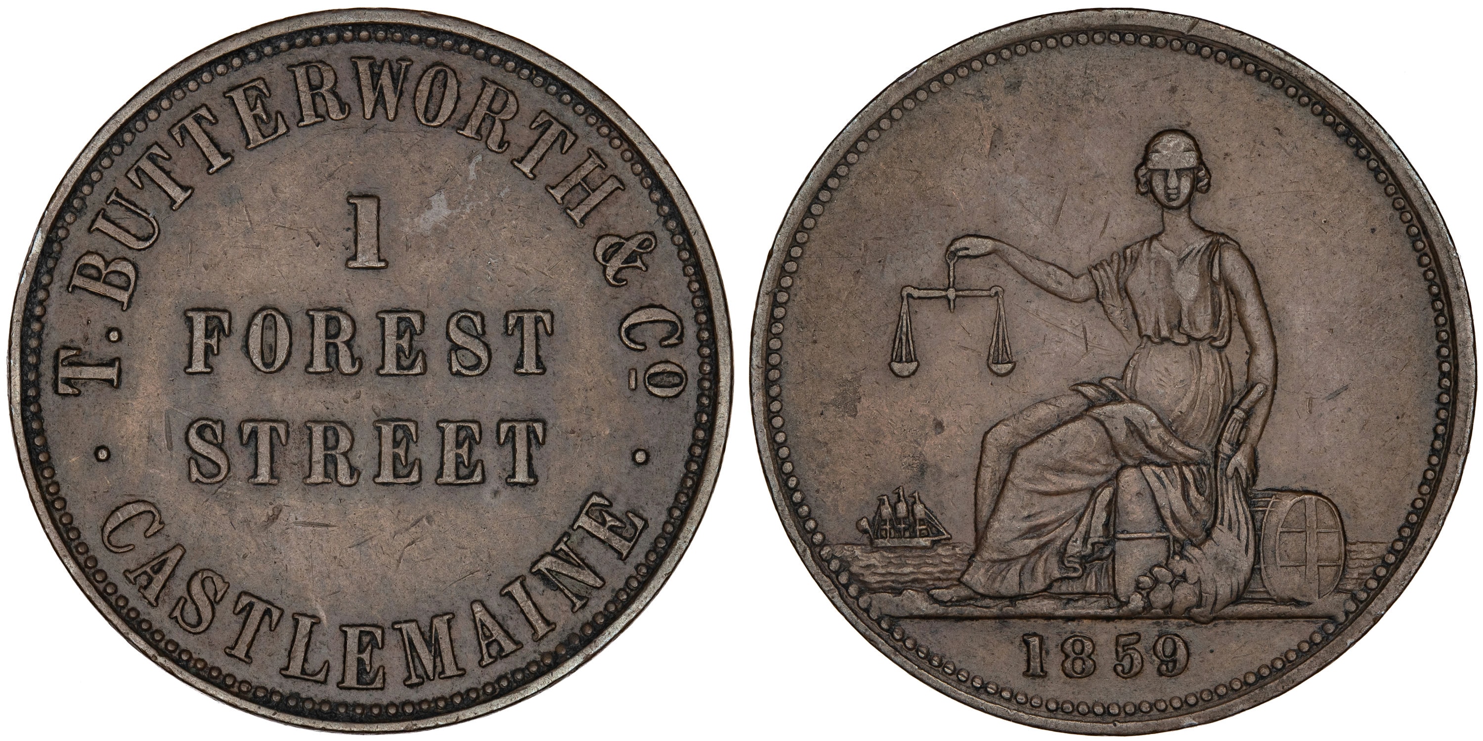 A.54 - Butterworth, T & Co - Castlemaine VIC, Penny, 1859, gVF
