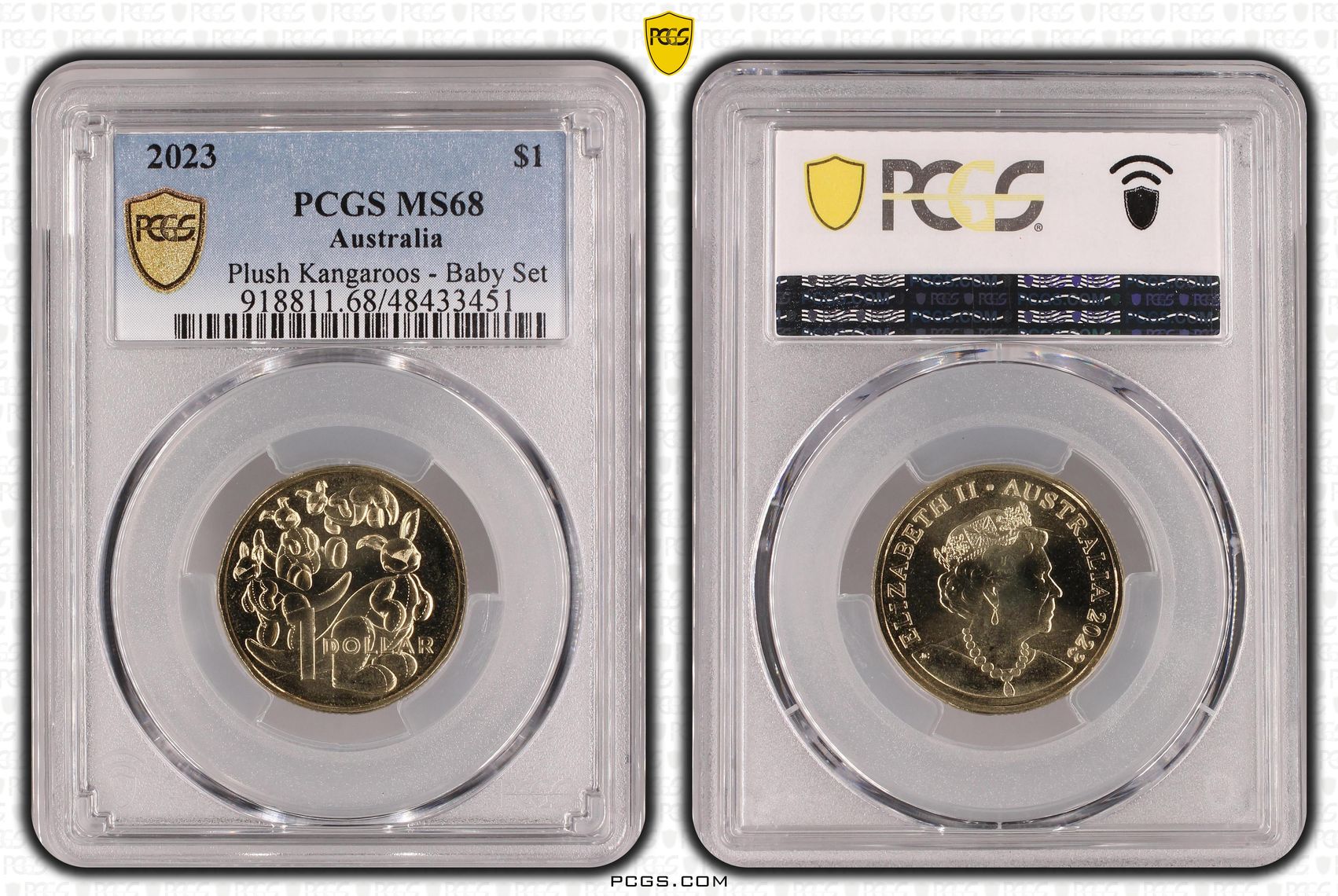Elizabeth II, Plush Kangaroos - Baby Set, One Dollar, 2023, PCGS MS68