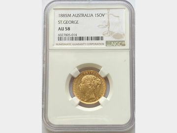 1885 VICTORIA YOUNG HEAD MELBOURNE MINT GEORGE & DRAGON GOLD SOVEREIGN AU58